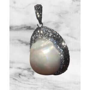 Baroque Pearl Pendant with Halo of CZ and Marcasite  1” x .75”